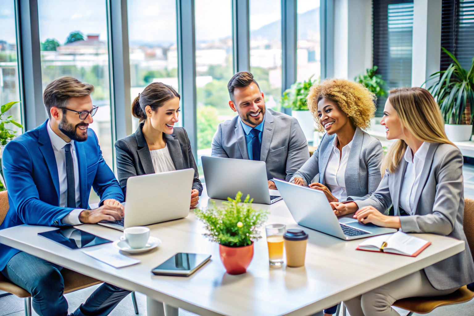 A diverse group of professionals sitting around a table in a bright, modern office, engaged in a discussion with laptops and notebooks, all devoid of any text or branding, emphasizing teamwork and expertise