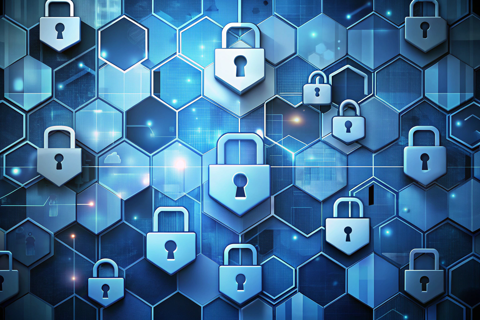Abstract visualization of data security with overlapping geometric shapes in shades of blue and gray, suggesting protection and privacy, without any text or identifiable symbols